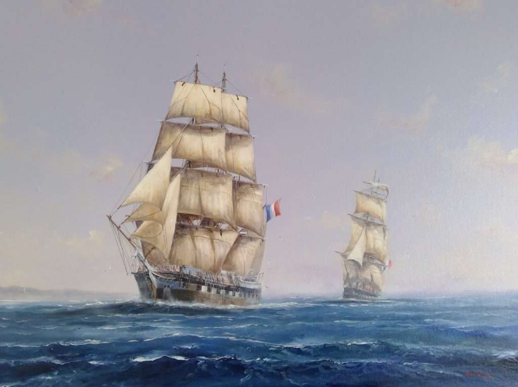 Akaroa History Painting of the Nanto Bordelaise Company French Settler ship Comte de Paris named after the Count de Paris & the Aube by artist Paul Deacon