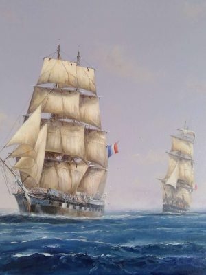 Akaroa History Painting of the Nanto Bordelaise Company French Settler ship Comte de Paris named after the Count de Paris & the Aube by artist Paul Deacon